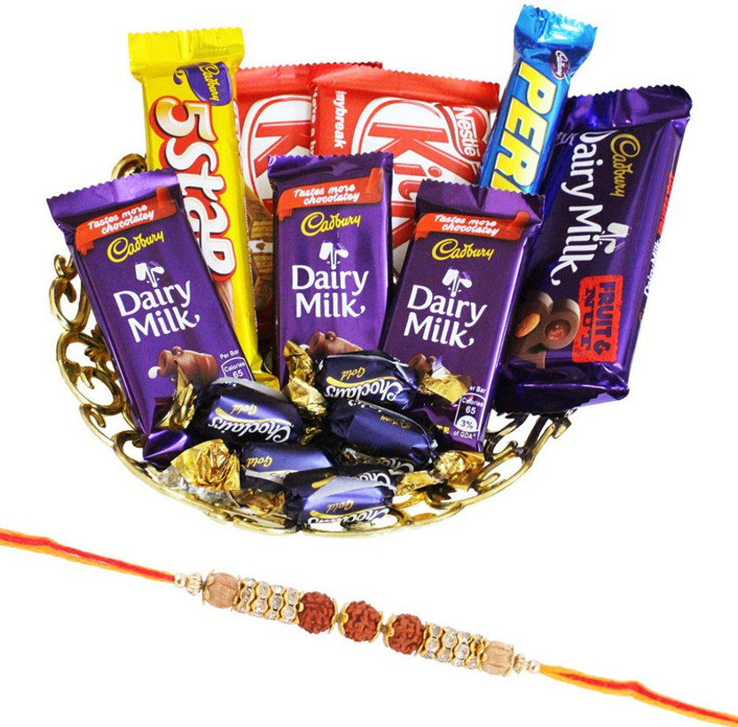 Cadbury Dairy Milk Chocolate Celebration With Rakhi | 3 Rudraksha Rakhi For Brother | Chocolate Gift For Rakhi | Rakhi Gift | 3RDR21 Combo(1 Basket-1 5Star-1 Perk-2 KitKat-3 Dairy Milk-5 Eclairs-1 Cadbury F&N)