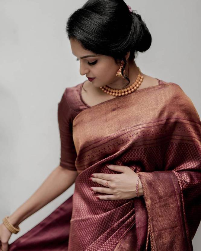 Buy beeta fashion Woven Kanjivaram Jacquard, Pure Silk Brown Sarees Online  @ Best Price In India 