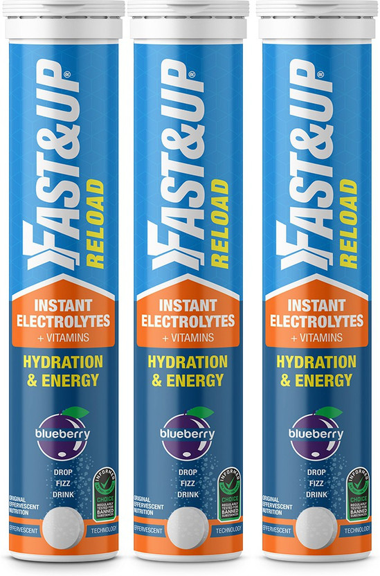 FAST&UP Reload Electrolytes For Hydration With Instant Energy Formula-Effervescent Tablets Hydration Drink(3x20, Blueberry Flavored)