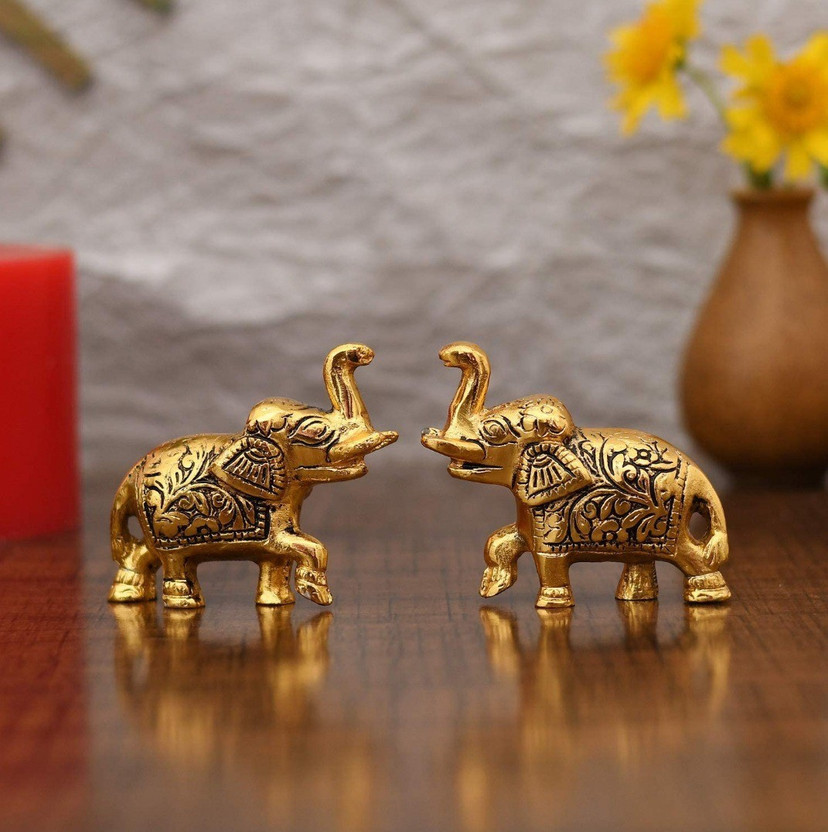 SP Handicrafts Set of Two Piece Metal Sculptures Elephant Pair for Showpiece and Decoration | Elephant Statue Pair in Golden Finish Having Attractive Look Decorative Showpiece  -  6.25 cm(Brass, Gold)