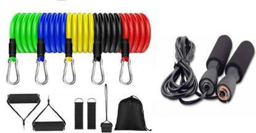 VATSMART 11 Pcs Resistance Band Exercise Toning Tube Set For Fitness and Workout Resistance Tube & Adjustable bearing Skipping Rope for Home Exercise Ball Bearing Skipping Rope Ball Bearing Skipping Rope Fitness Accessory Kit Kit