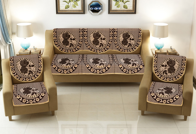 RV Decor Cotton 3+2 Seater Sofa Abstract Cover(Pack of 6 Brown)