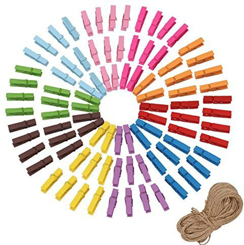 KHUSHA CREATIONS Multicolor Mini Photo Clips with Jute Thread for Wall hangings , Home Decorations , Photo Wall , Art & Craft , Scrapbooking, DIY & School Projects (Pack of 100 Pieces)