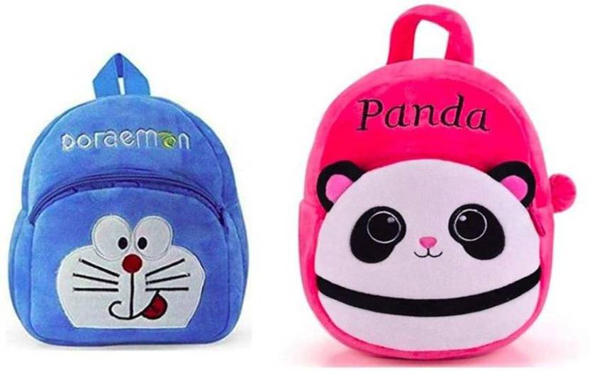 Velvet 10 L Soft Plush doraemon & panda Cartoon School Bag Combo for