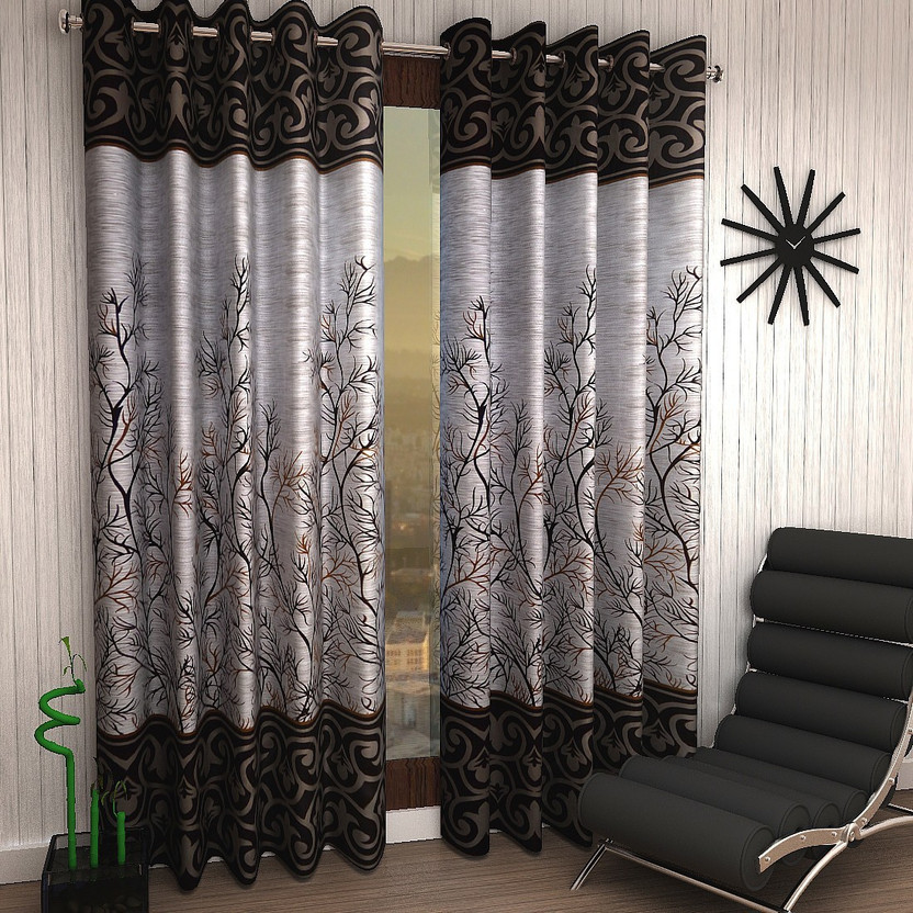 Home Sizzler 153 cm (5 ft) Window Polyester Semi Transparent Curtain (Pack Of 2)(Brown, Printed)