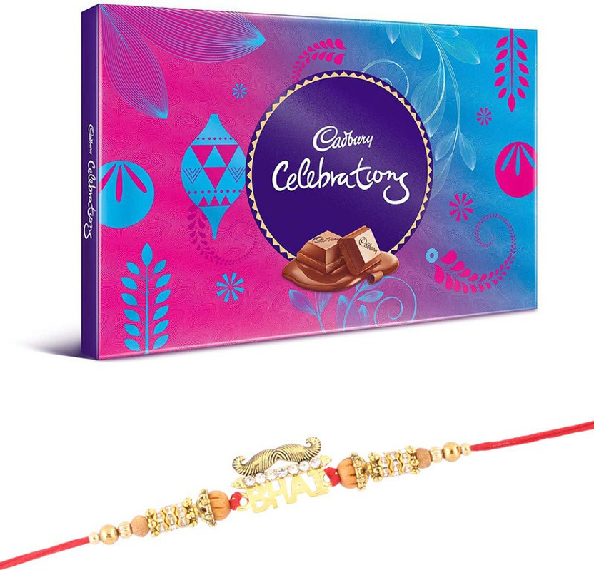 Cadbury Celebration Chocolate Hamper | Bhai Rakhi With Chocolate Gift For Brother | Roli, Chawal, Chandan, Misri | 3SRDR9 Combo(1 Dairy Milk Celebration Pack (120g) - 1 Bhai Rakhi, Roli, Chawal, Chandan, Misri)