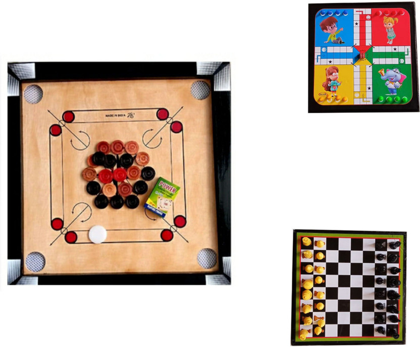 RAS Sports Carrom Board small size 20X20 with Ludo and Chess Board Combo pack. Board Game Accessories