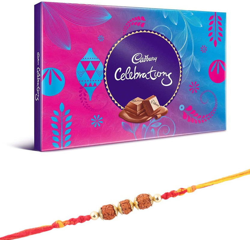 Cadbury Celebration Chocolate Hamper | Designers Rudraksha Rakhi With Chocolate Gift For Brother | Roli, Chawal, Chandan, Misri | 3SRDR9 Combo(1 Dairy Milk Celebration Pack (120g) - 1 Designers Rudraksha Rakhi, Roli, Chawal, Chandan, Misri)