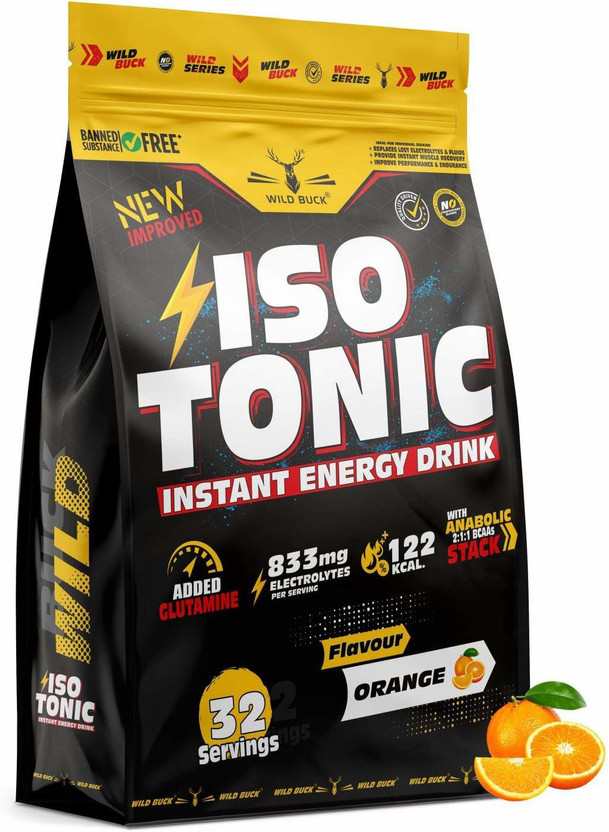 WILD BUCK Isotonic Instant Energy Drink with Glutamine, Electrolytes, BCAA For Fast Recovery Energy Drink(1 kg, Orange Flavored)