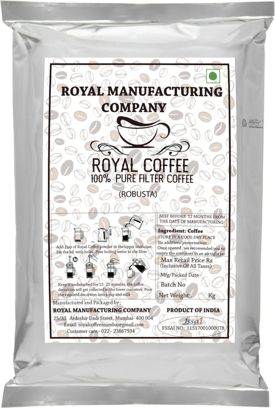 Royal Manufacturing Royal Coffee Pure Coffee Powder which is rich in taste and flavor 1 Kg |Grade A |100% Pure|India's Strongest Coffee| Medium Dark Roast|Smooth Taste Filter Coffee(1 kg)
