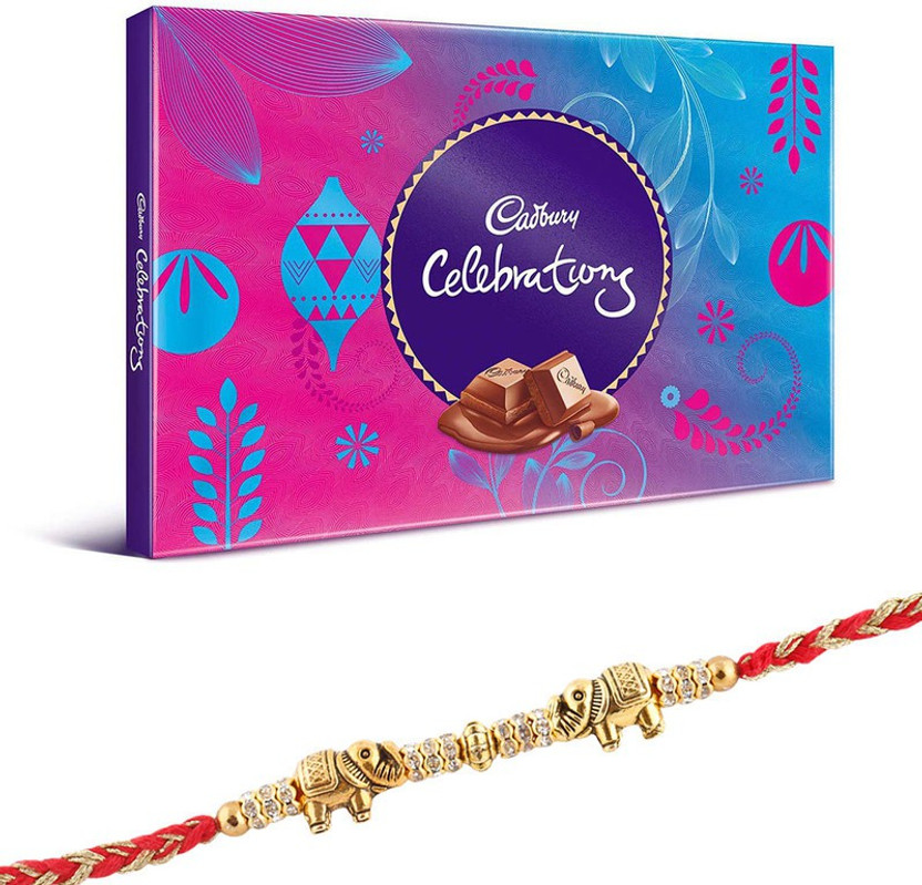 Cadbury Celebration Chocolate Hamper | Elephant Design Rakhi | Beautiful Hathi Rakhi Gift For Brother | Rakhi Gift | SF4/21/HATHI RAKHI Combo(1 Dairy Milk Celebration Pack (120g) - 1 Hathi Rakhi, Roli, Chawal, Chandan, Misri)