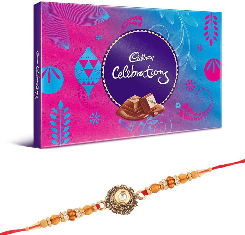 Cadbury Celebration Chocolate Hamper | Brautiful Stone Rakhi | Beautiful Stone Rakhi Gift For Brother | Surprise Rakhi Gift SF4/21FAV RAKHI Combo(1 Dairy Milk Celebration Pack (120g) - 1 Stone Rakhi, Roli, Chawal, Chandan, Misri)