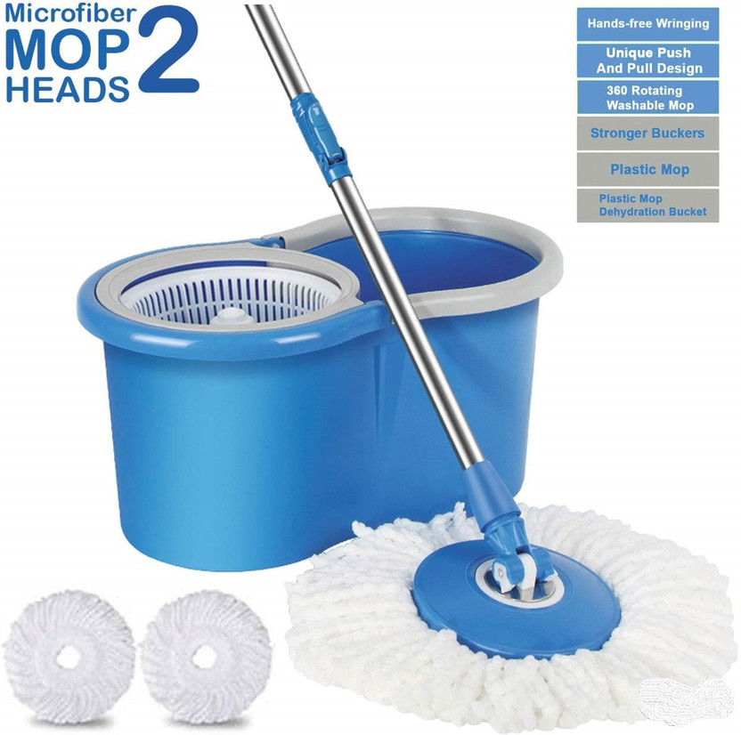 JSN Easy Magic Spin Floor Mop 360 Degree Bucket Mop with Plastic Spinner 2 Refill Mop Set(Blue)