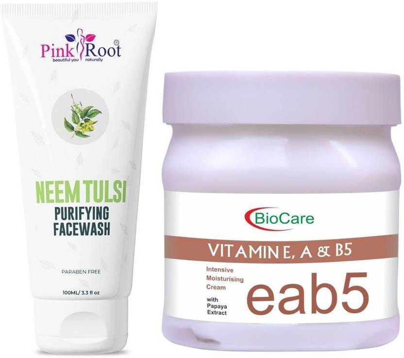 PINKROOT Neem Tulsi Facewash 100ml and Biocare Vitamin Cream 500ml