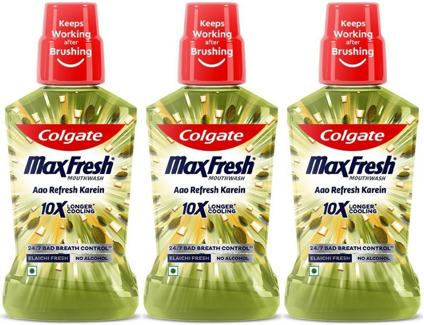 Colgate Colgate Maxfresh Plax Antibacterial Mouthwash, 24/7 Fresh Breath (Pack of 3) - Elaichi Fresh(250 ml) - Flipkart Deal