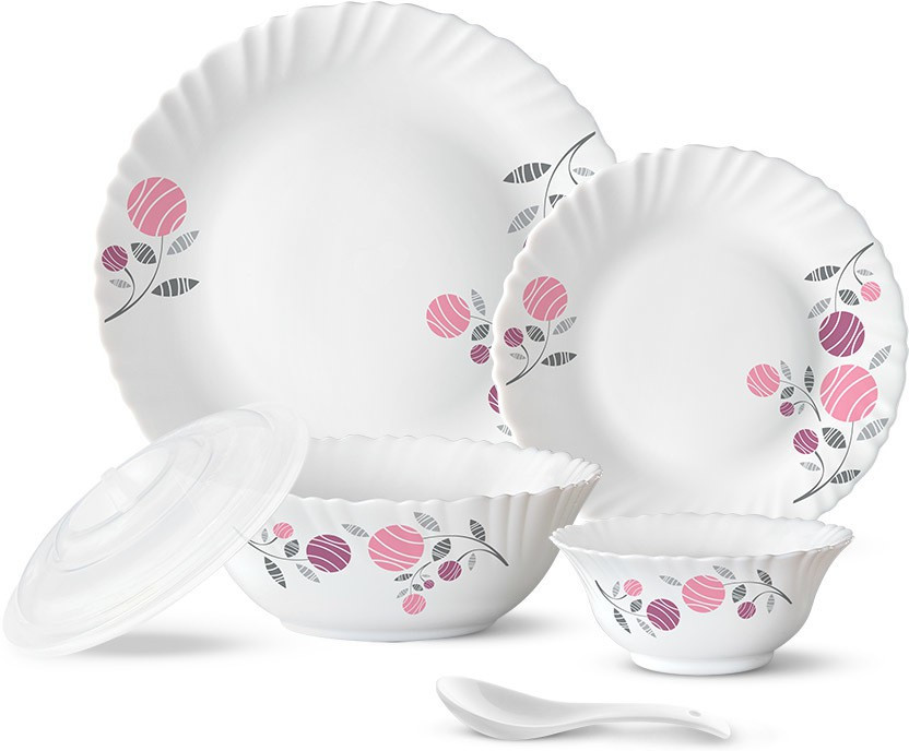 Larah by Borosil Pack of 34 Opalware Galaxy Dahlia Crockey Gifting, Plate & Bowl Dinner Set(Pink, Microwave Safe)
