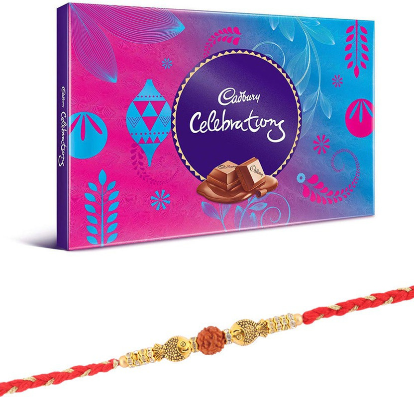 Cadbury Celebration Chocolate Hamper | Premium Fish Rakhi | Premium Fish Rudraksha Rakhi | Surprise Rakhi Gift SF4/Fish21 Combo(1 Dairy Milk Celebration Pack (120g) - 1 Fish Rakhi)