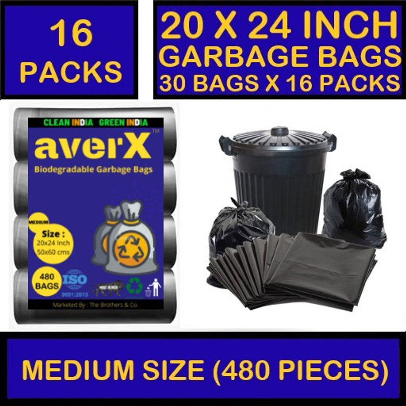 averX OXO-Biodegradable Medium Size Black Garbage Bag - 20x24 inches (Pack of 16 - 480 Pieces) Premium Quality for Office/Hotels/Restaurants Medium 24 L Garbage Bag  Pack Of 480(480Bag )