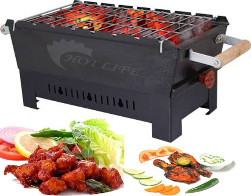 HOT LIFE Outdoor Folding BBQ +8Skewers of Kebab Needles Fish Basket with 6 Skewer Charcoal Grill(Portable, Foldable)