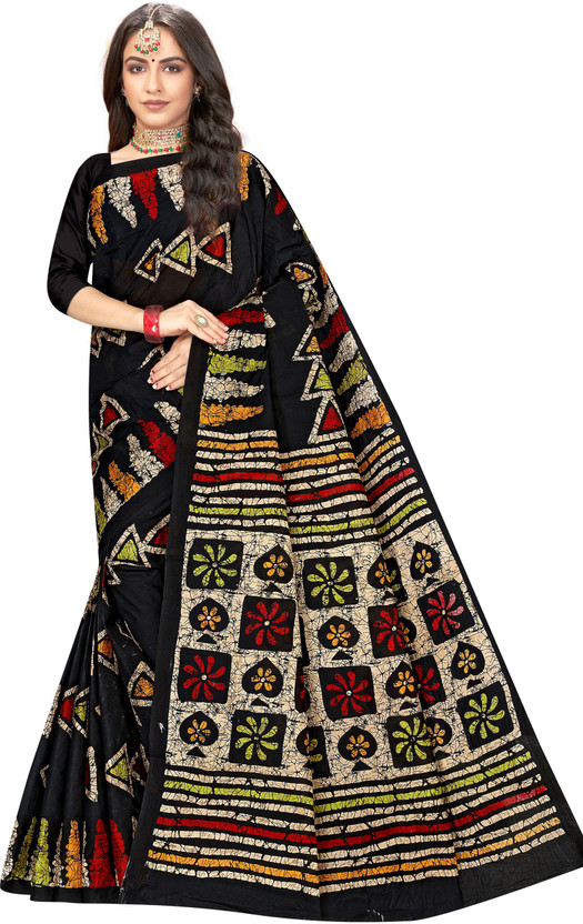 TAMAIRA FASHION Printed Hand Batik Pure Cotton Saree(Black)