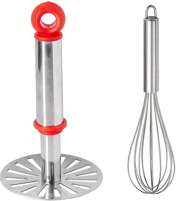 chapo ombo Set of 2 Stainless Steel Egg Whisk and Potato Masher (pack of-2) Kitchen Tool Set(Silver, Masher, Whisk)