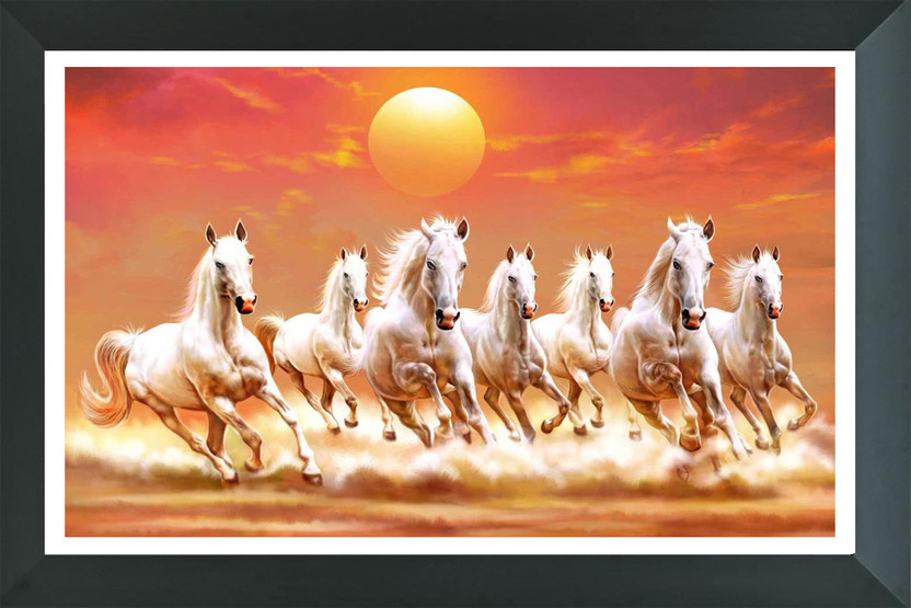 FRIZZY ARTS Seven running white horse framed painting| light red background | Seven white horse photo frame | Seven horse vastu painting | seven horse vastu photo frame Digital Reprint 14 inch x 20 inch Painting(With Frame)