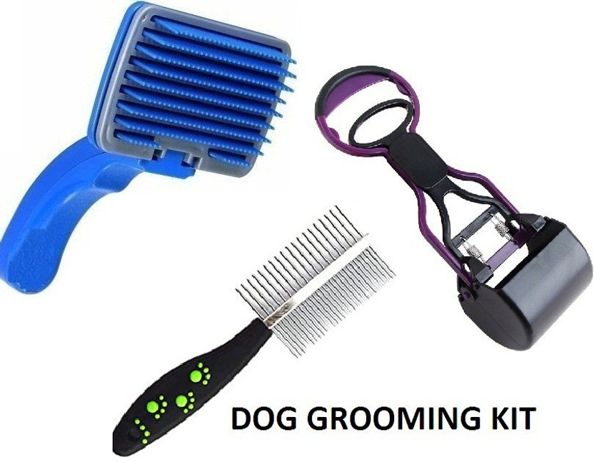 Hachiko Best Quality Multi Ultra- Dog & Cat Grooming Kit Pet Scooper + Comb +Slicker Brush Trimmer Brush Shedding Removes Loose Undercoat, Slicker Brush for Pet Massage, Self Cleaning Plastic Slicker Brush With Press Key (Combo of 3) Slicker Brushes for  Dog, Cat, Rabbit, Hamster