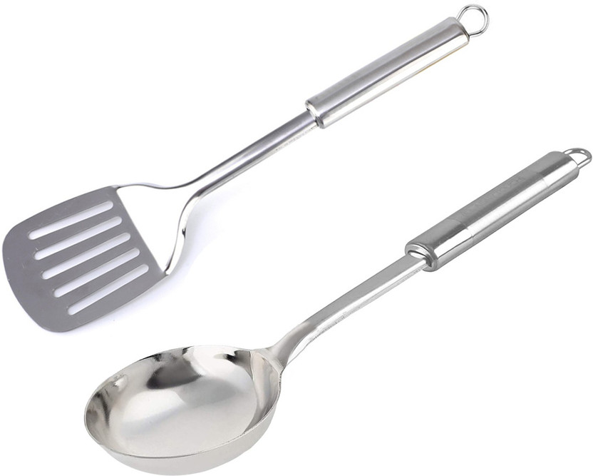 KUBER INDUSTRIES Stainless Steel Kitchen Utensil Set of 2 (Slotted Turner & Ladle) Cooking Utensils - Nonstick Kitchen Utensils Cookware Set Best Kitchen Gadgets Kitchen Tool Set Gift (Silver) Kitchen Tool Set(Cooking Spoon, Ladle)