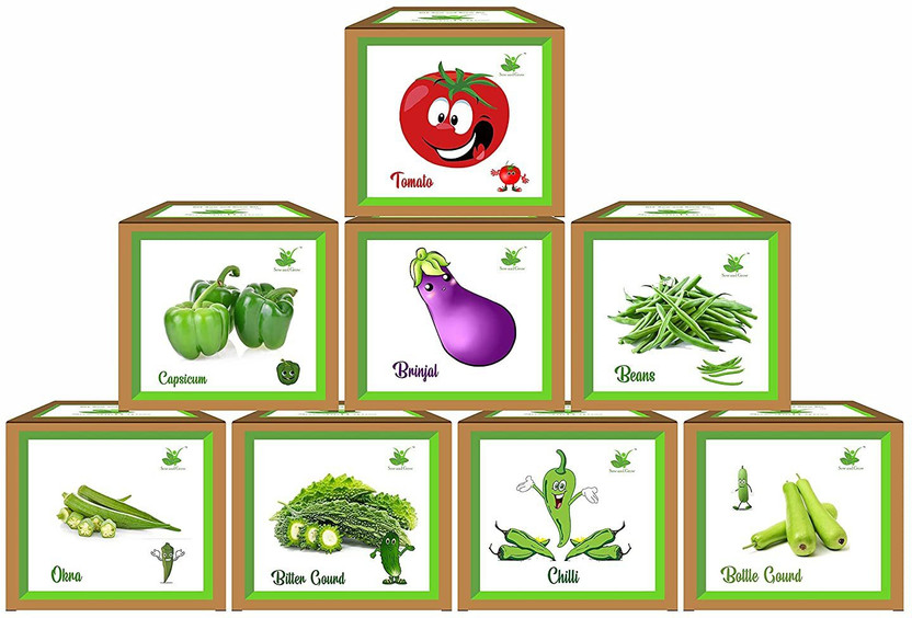 Sow and Grow 8 Vegetable Grow Kits : Capsicum+Brinjal+Okra+Chilli+Tomato+Karela+Gheeya+Beans Seed(8 per packet)
