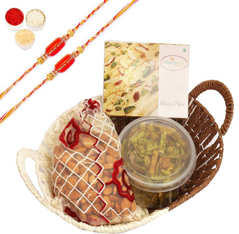 Ghasitaram Gifts Rakhi Gifts Mithai HamperBig Metal Brown Basket Of