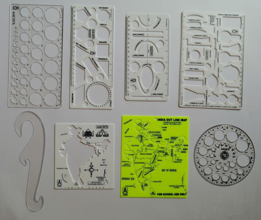 AISH PLASTIC INDIA MAP STENCIL,INDIA OUTLINE STENCIL WHITE, PRO 35 CIRCLE BIG WITH 25 CIRCLE, SCIENCE APPARATUS TEMPLATE, HYPERBOLA PARABOLA TEMPLATE, GEOMETRY TEMPLATE, FRENCH CURVE, CIRCLE MASTER DRAFTING SCALE RULER VERY USEFUL TO ARCHITECT, ENGINEERING STUDENTS, OFFICE EMPLOYEE (SET OF 8) AR0010