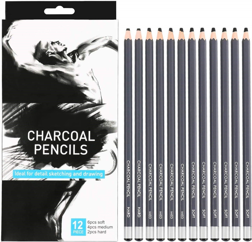 Adoere Professional Charcoal Pencil Set 12 Pieces Soft Medium and Hard Charcoal Pencil