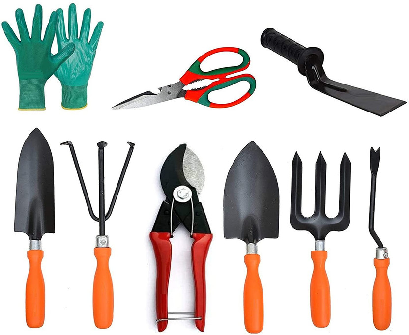 IBEX Gardening Tools Set of 9 (Big Trowel, Small Trowel, Weeder, Cultivator, Garden Fork & Double Cut, Khurpi, Multipurpose Scissor, Gloves) Garden Tool Kit(9 Tools)
