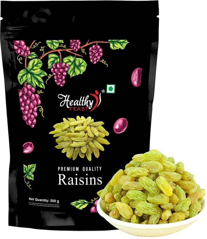 Healthy FEAST Long Green Raisins 500 gm, Premium Seedless Kishmish