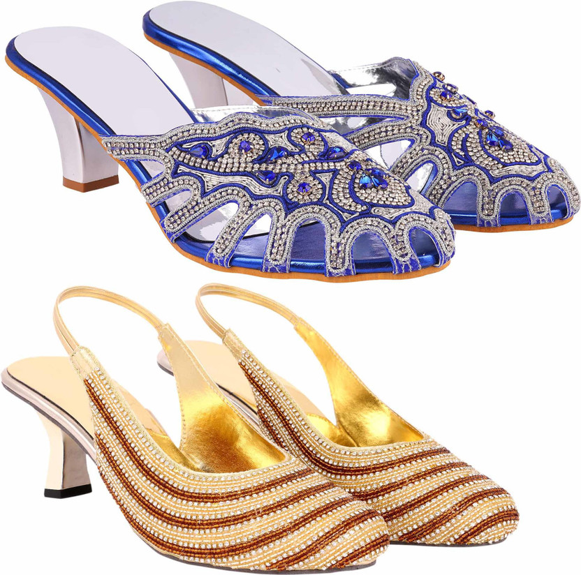 Zionk Women Navy, Gold Heels - Buy 
