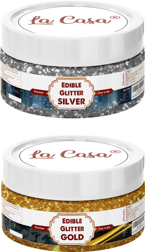 La Casa Premium Edible Glitter - Silver & Golden | Pack of 2 | Metallic Glitter Ideal for Cake Icing Decoration & Garnishing | Glitters(18 g, Pack of 2)