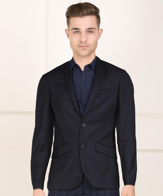 PARK AVENUE Solid Single Breasted Formal Men Blazer(Dark Blue)