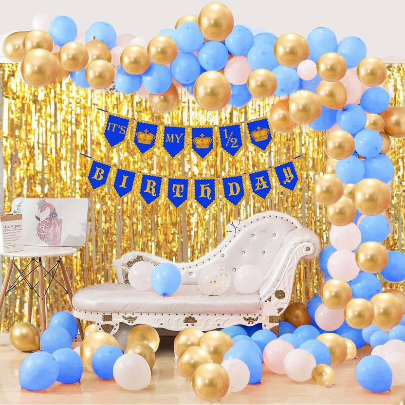 Party Propz Half Birthday Decorations Kit for Baby Boy Combo 91Pcs