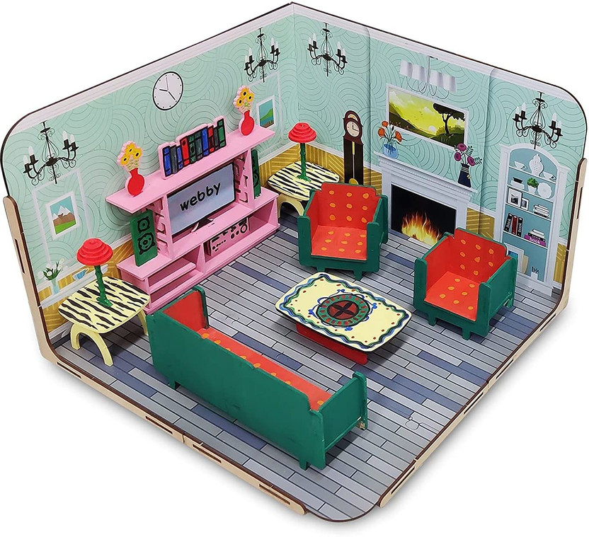 Webby DIY Paint Your Pre-Assembled Bedroom Furniture Wooden Dollhouse Kit for Kids(Multicolor)