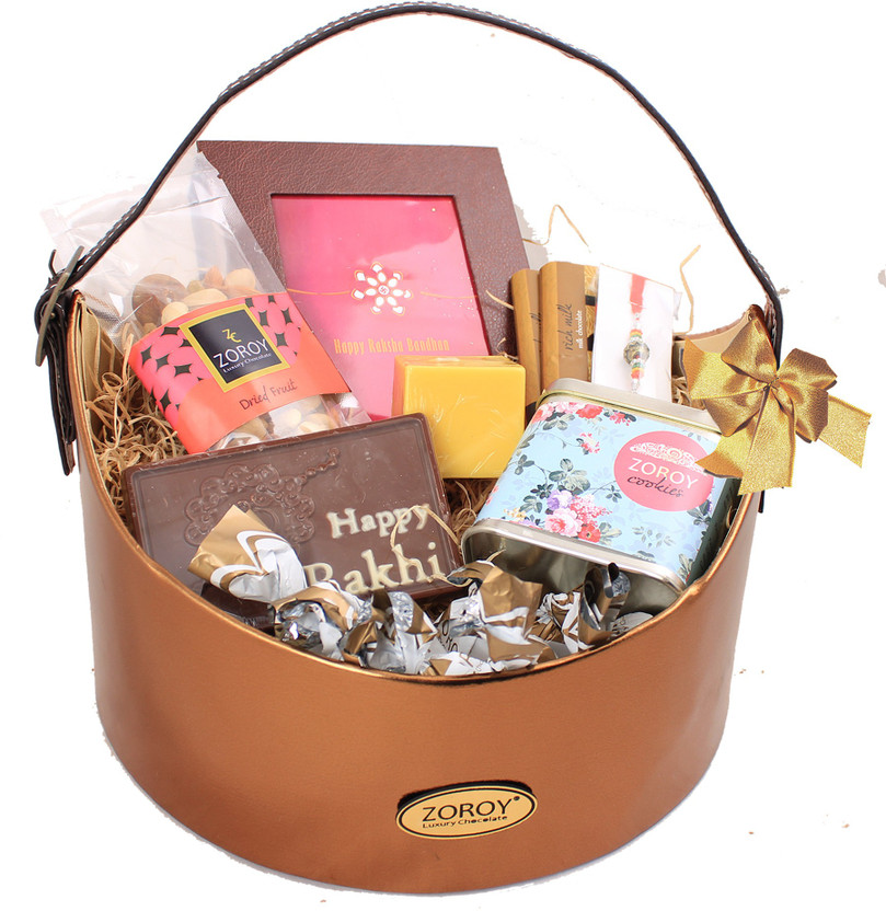 Zoroy Luxury Chocolate Rakhi Hamper for Brother Sister | Leather feel Rakhi basket with dry fruit | Rakhi chocolate | Rakhi set for Bhaiya Bhabhi | premium cookies | Rakhi gift combo Combo(photo frame rakhi special box1-, chocolate bars2-Cookies tin1-, rakhi milk chocolate bar1-, dry fruit1-, 8-, Pr