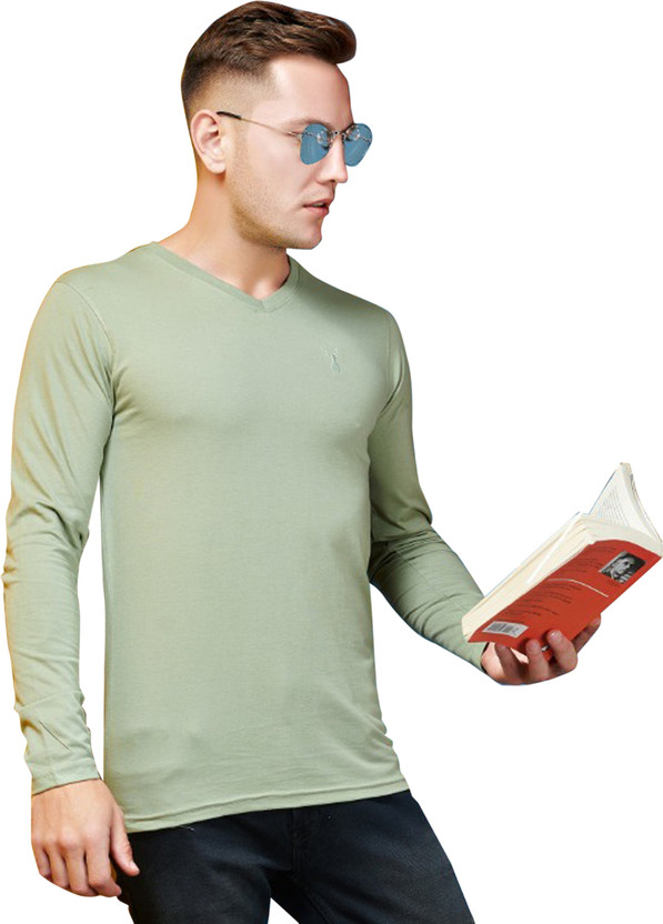 Kundan Solid Men V Neck Light Green T 