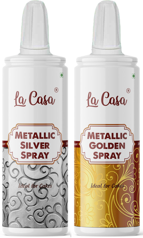 La Casa Metallic Pearlescent Golden & Silver Spray Colour | Combo Pack of 2 | Edible Color Ideal for Cake Decoration & Garnishing | Glitters(60 g, Pack of 2)