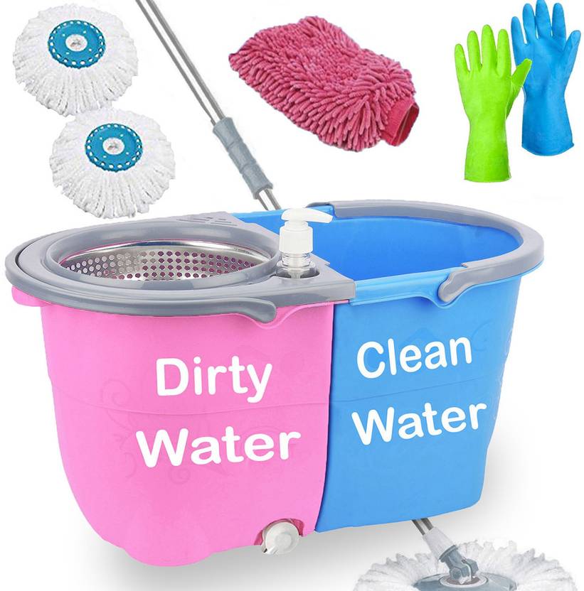 VMOP Pink Double Magic Dry Bucket Mop 360 Degree Self Spin Wringing