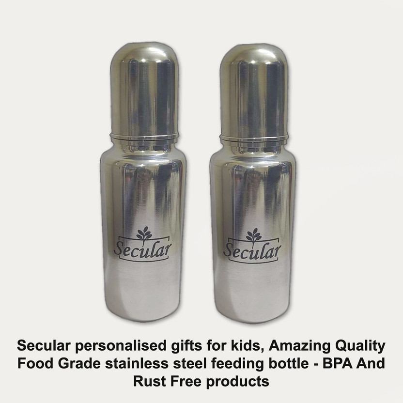 Secular personalised gifts for kids, Amazing Quality Food Grade stainless steel feeding bottle - BPA And Rust Free products (250ml + 250ml) - 500 ml(Steel)