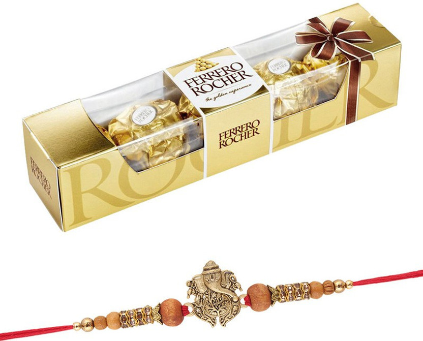 FERRERO ROCHER Chocolate 4pcs With Antique Ganesha Rakhi | Beautiful Rakhi Collection | Rakhi Combo | Rakhi Chocolate Combo | Rakhi Gift For Brother Combo(1 Ferrero Rocher 4pcs (200g) - 1 Designer Ganesh Rakhi)