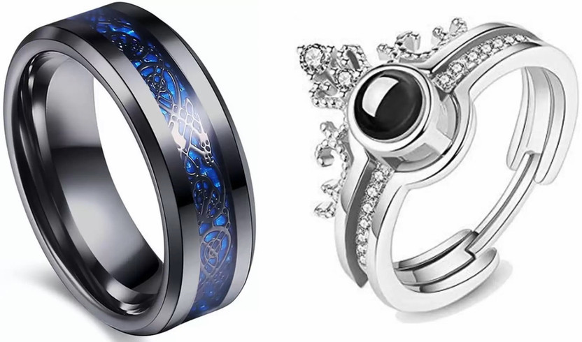 Heer Collection Fashion Jewellery Valentine Couple 100 language I Love You Written Ring Love Birds Couple Finger Rings Black Blue Dragon Ring Valentine Couple Rings Forever Love Couple Band Crown King Queen His & Hers Set Promise Propose Engagement Anniversary Wedding Stainless Steel Couple Valentin