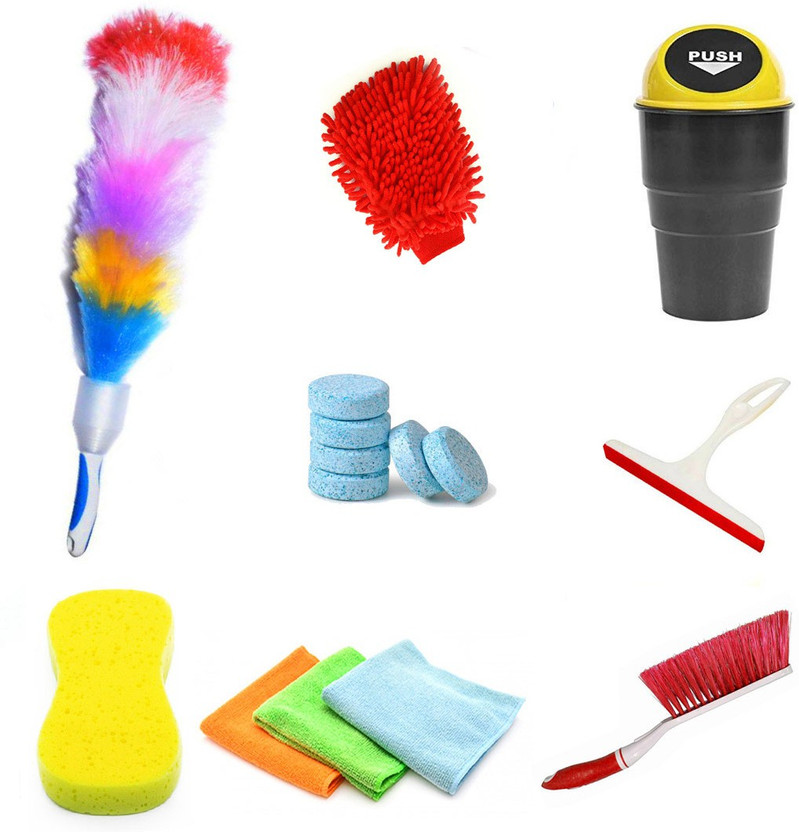 Kanya Car Cleaning Accessories Kit, Colour full Duster, Gloves, Dustbin, 2 Pcs Glass Tablet, Wiper, Sponge, 3 Pcs Microfiber Cloths, Brush Combo