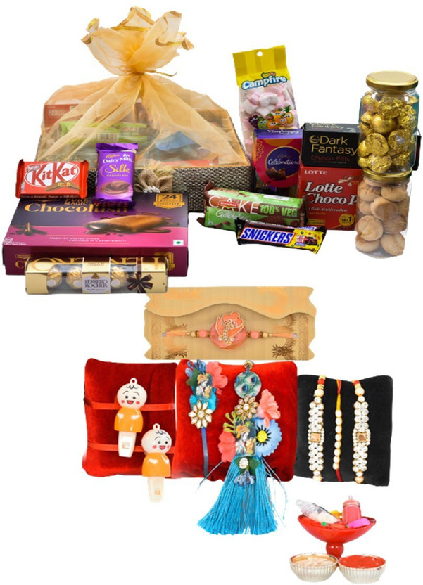 NUTRI NUTRI MIRACLE Raksha Bandhan Luxury Chocolate Hamper & Gourmet Gifts Basket With Trendy Blue Pair, Pearl Dora,2 Light,2 Cz Stone, 1 Stunning Rakhi And Tilak Kit Combo(Lotte Choco Pie 1 Pc-Dark Fantasy 1 Pc-Snickers 1 Pc-Celebration Chocolate Pack 1 Pc-Britannia chocolate cake 1 Pc-Ferrero Rocher 1 P - Flipkart Deal