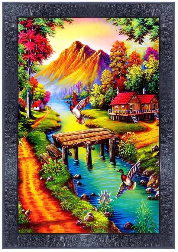 pnf Hand Painted Landscape Scenery Wood Photo Frames with Acrylic Sheet (Glass) 18396 Digital
