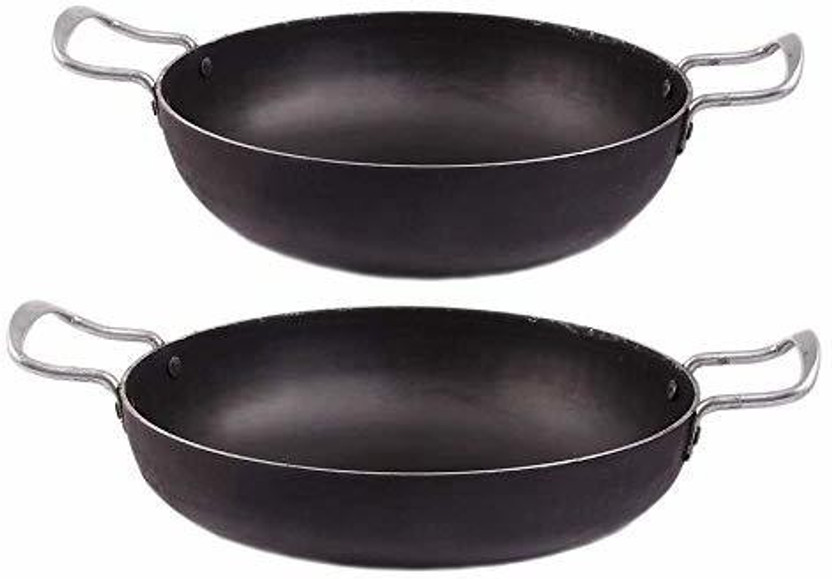 shri gaurangi iron cookware set 2 pes combo Iron Kadhai for Cooking deep Heavy Base fry kadai Kadhai 20 cm, 28 cm diameter 5.5 L capacity(Iron, Non-stick, Induction Bottom)